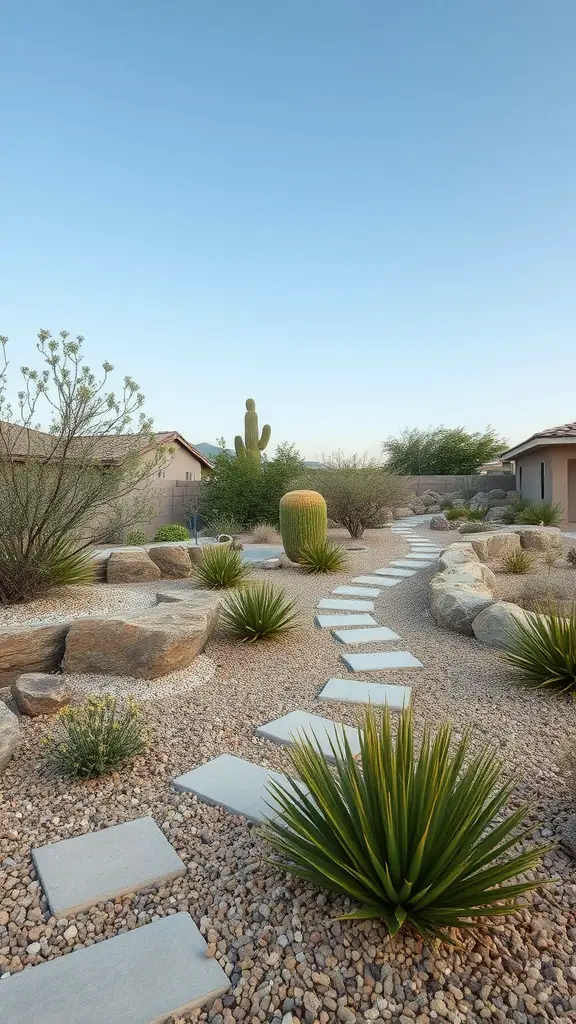 A modern xeriscaped yard featuring stone pathways, gravel, and various drought-resistant plants under a clear blue sky.