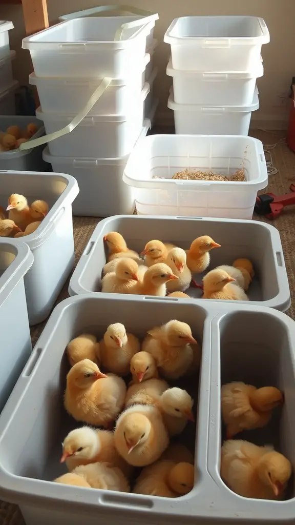 A setup of plastic tubs filled with yellow chicks in a cozy environment