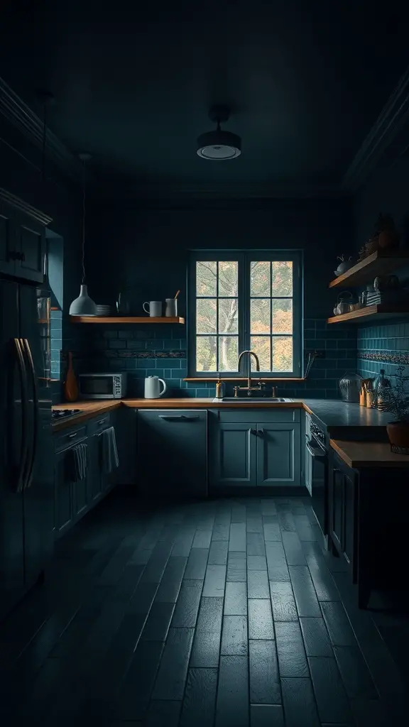 A kitchen featuring moody indigo walls, wood accents, and soft lighting.