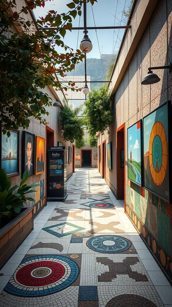 A mosaic walkway with colorful patterns and art on the walls, surrounded by greenery.