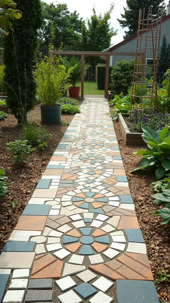 A colorful mosaic walkway in a kitchen garden, surrounded by plants and a trellis.