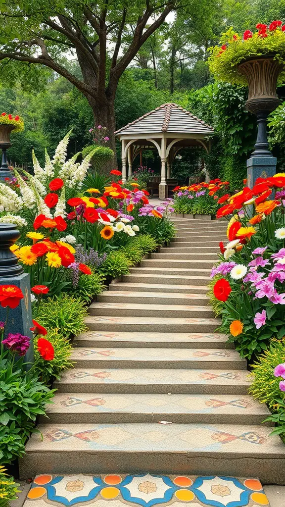 Mosaic steps leading to a garden surrounded by colorful flowers and greenery.