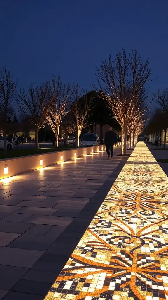 A beautifully lit mosaic walkway bordered by trees, showcasing intricate designs and LED lights at dusk.