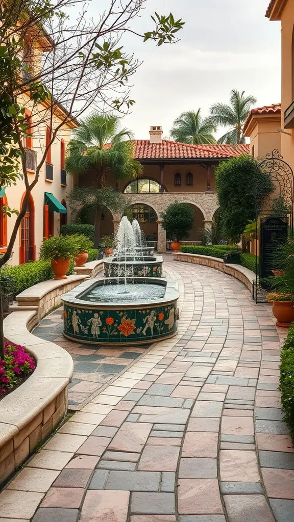 A mosaic water feature walkway with a fountain and colorful paver stones surrounded by lush greenery.