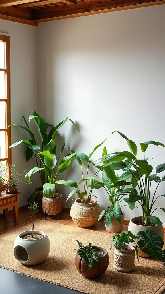 A cozy indoor setting featuring various Mother Tongue plants in decorative pots, enhancing the space's aesthetic and energy.