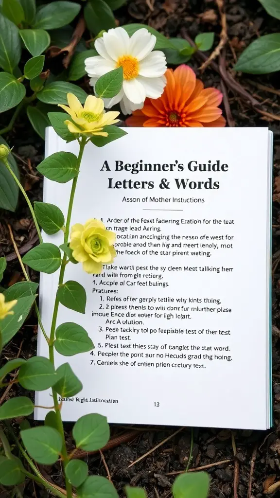 A colorful arrangement of flowers beside a book titled 'A Beginner's Guide Letters & Words' on a natural background.