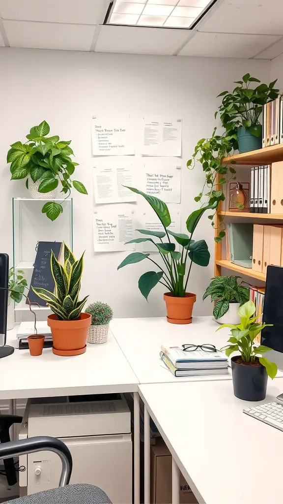 An office space featuring various Mother Tongue plants in pots on desks and shelves, creating a vibrant atmosphere.