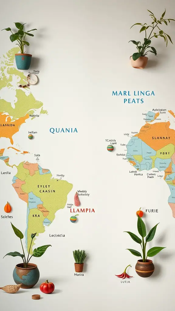 A whimsical map showcasing Mother Tongue plants across different regions with pots and plants illustrated.