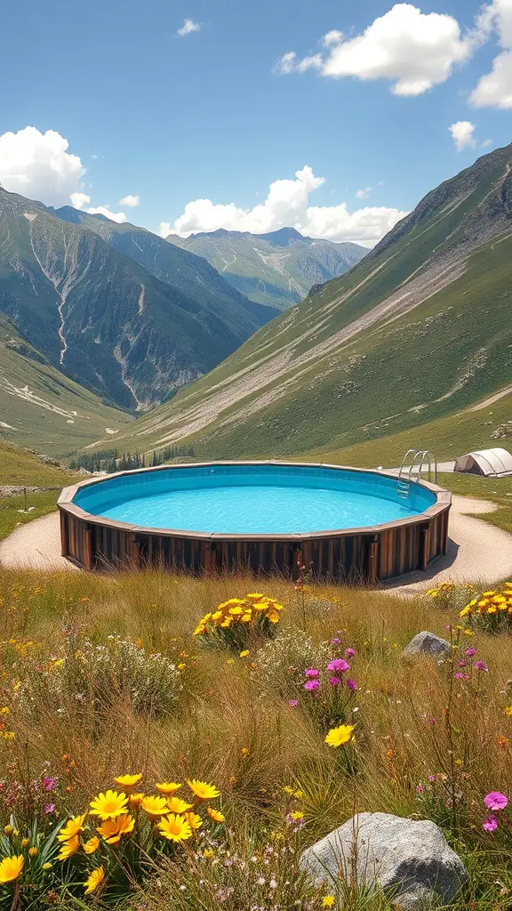 An above ground pool surrounded by wildflowers in a mountainous landscape.