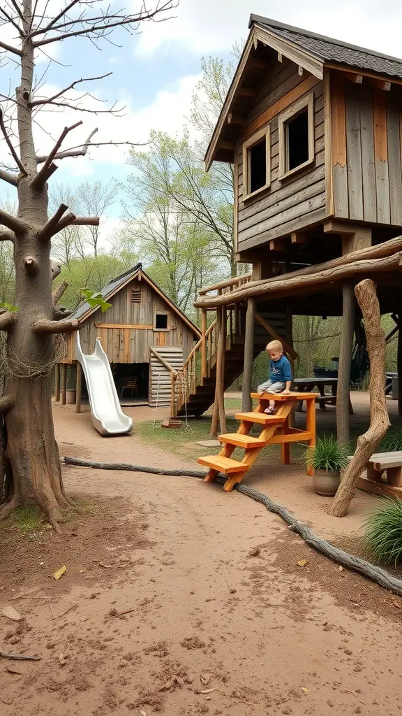 25 Creative Mud Kitchen Ideas for Kids to Inspire Imaginative Play 18 A child sitting on steps of a wooden structure in a mud kitchen adventure zone with trees and a slide in the background.