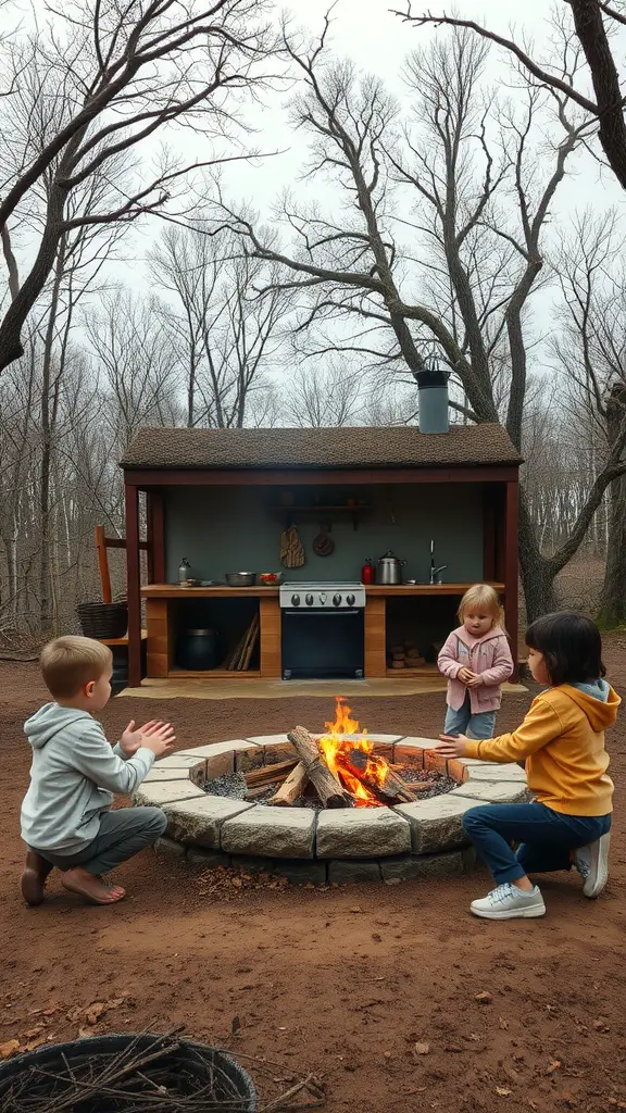 25 Creative Mud Kitchen Ideas for Kids to Inspire Imaginative Play 24 Children playing around a fire pit with a mud kitchen in the background