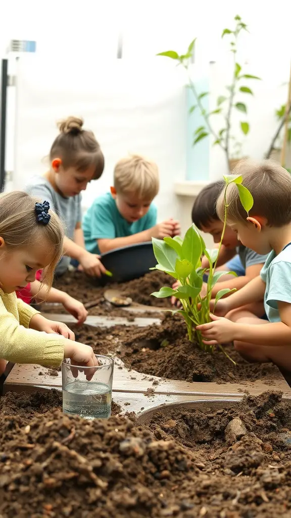 25 Creative Mud Kitchen Ideas for Kids to Inspire Imaginative Play 22 Children exploring a mud kitchen by digging in soil and interacting with plants.