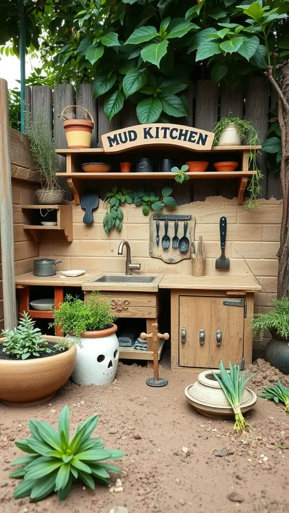 25 Creative Mud Kitchen Ideas for Kids to Inspire Imaginative Play 12 A mud kitchen for kids featuring a wooden structure with a sign, sink, pots, and a small herb garden