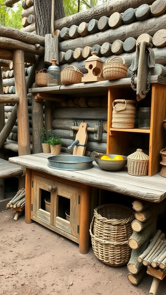 25 Creative Mud Kitchen Ideas for Kids to Inspire Imaginative Play 25 A rustic mud kitchen designed for kids, featuring wooden shelves, woven baskets for storage, and a countertop with a bowl of oranges and a metal basin.