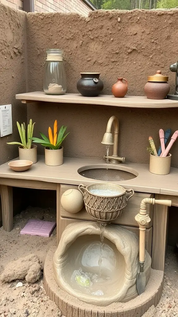 25 Creative Mud Kitchen Ideas for Kids to Inspire Imaginative Play 10 A children's mud kitchen with a water feature, showcasing rustic materials and various bowls for creative play.