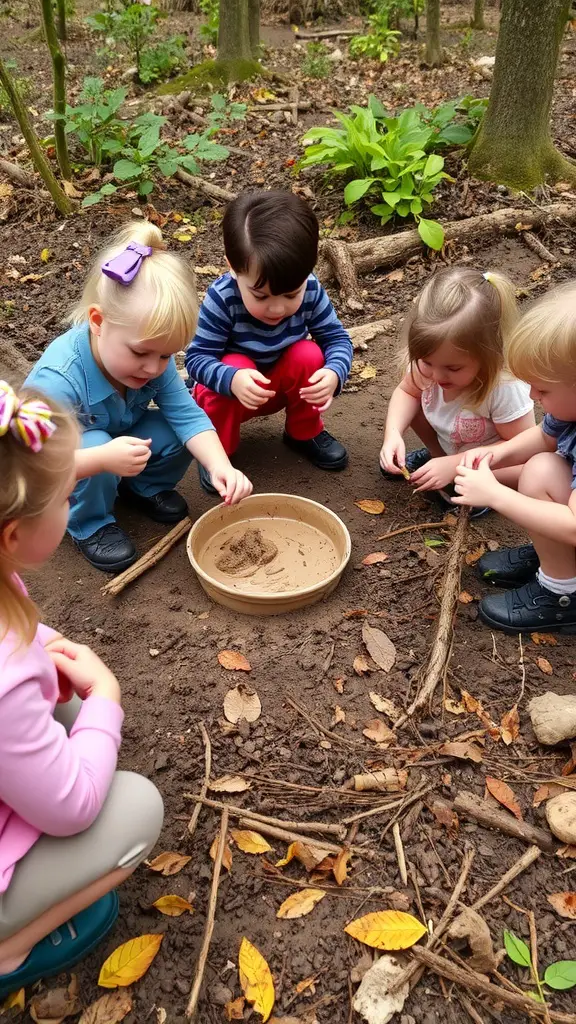 25 Creative Mud Kitchen Ideas for Kids to Inspire Imaginative Play 15 A group of children playing in a forest, making mud pies using a shallow dish and natural materials.