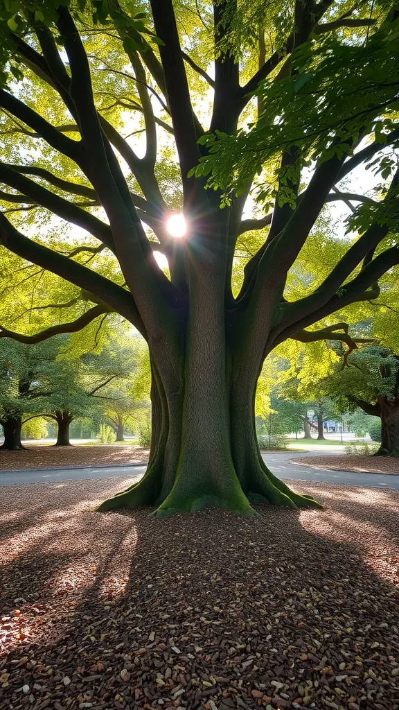 21 Creative Mulch Landscaping Ideas to Transform Your Outdoor Space 5 A large tree with sunlight shining through its branches, surrounded by a layer of mulch on the ground.