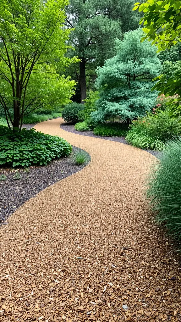 21 Creative Mulch Landscaping Ideas to Transform Your Outdoor Space 12 A winding mulch path surrounded by lush greenery in a landscaped garden