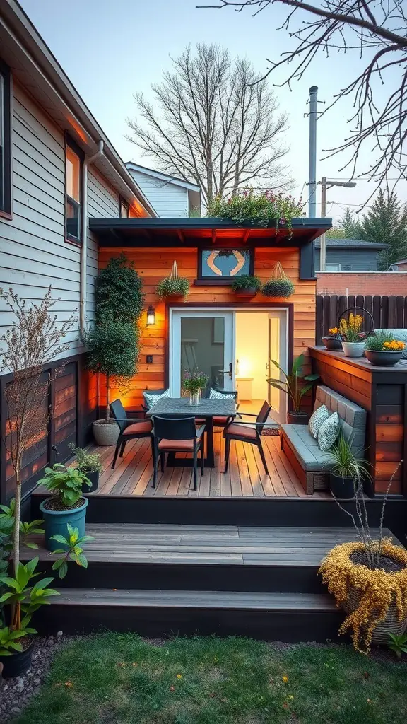21 Inspiring Small Deck Ideas to Maximize Your Outdoor Space 13 A cozy multi-level deck with seating and plants, showcasing a warm inviting space.