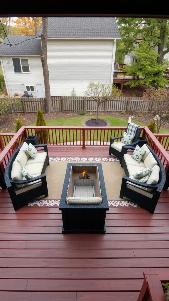 A multi-level deck featuring a fire pit surrounded by comfortable seating.