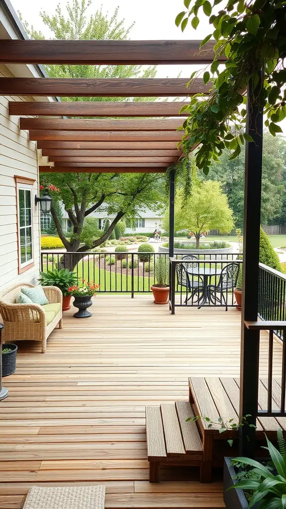 15 Creative Garden Decking Ideas for Your Outdoor Space 6 A multi-level wooden deck with seating and plants, overlooking a landscaped garden.