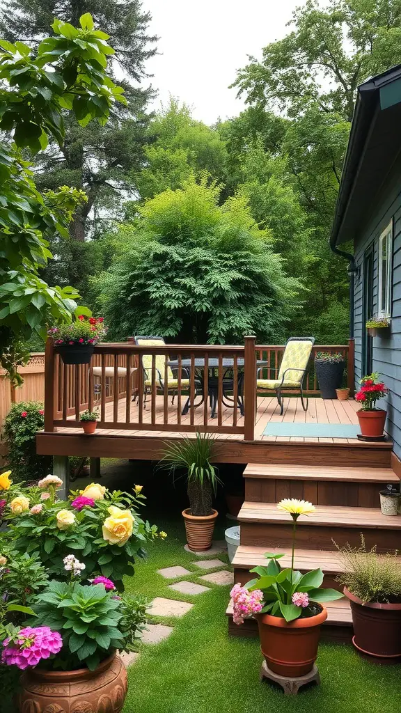 19 Stunning Two-Level Deck Ideas for Your Home 10 Multi-level garden deck with seating, surrounded by flowers and greenery.