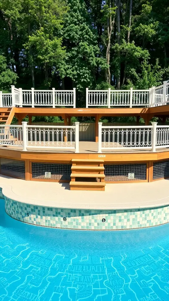 Multi-level wooden pool deck design with steps and railings