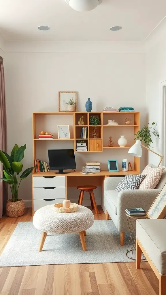 Cozy mother’s room featuring multi-purpose furniture including a desk, sofa, and ottoman.