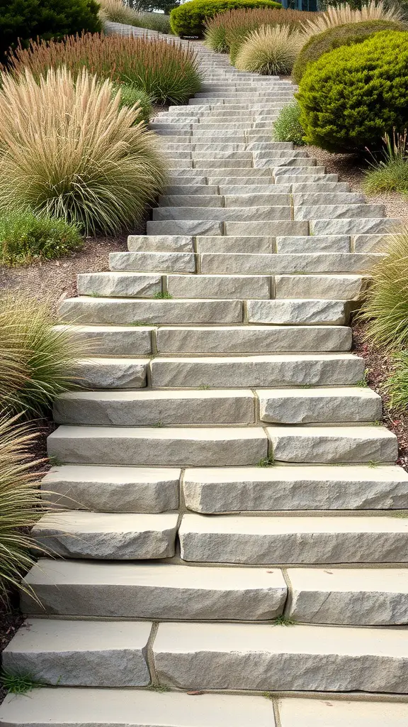 27 Stunning Stone Pathway Ideas for Your Garden Walkways 13 Stone steps leading upwards with surrounding greenery and ornamental grasses