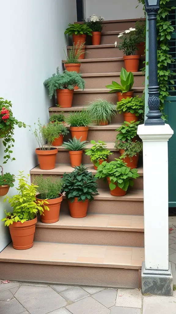 A staircase decorated with various potted herbs, showcasing a multilevel herb garden.