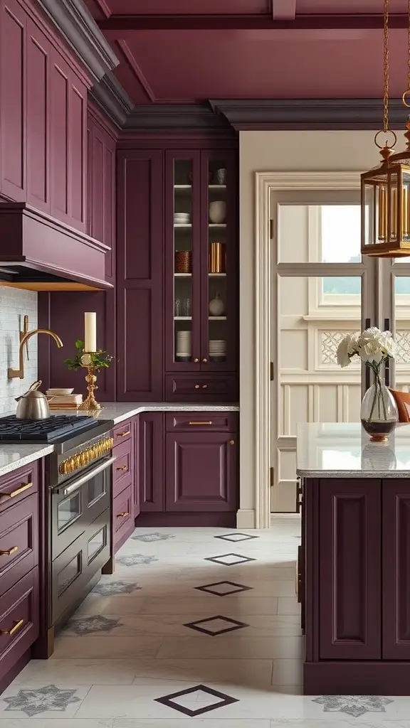 A kitchen featuring muted plum cabinets with cream accents, elegant hardware, and patterned floor tiles.