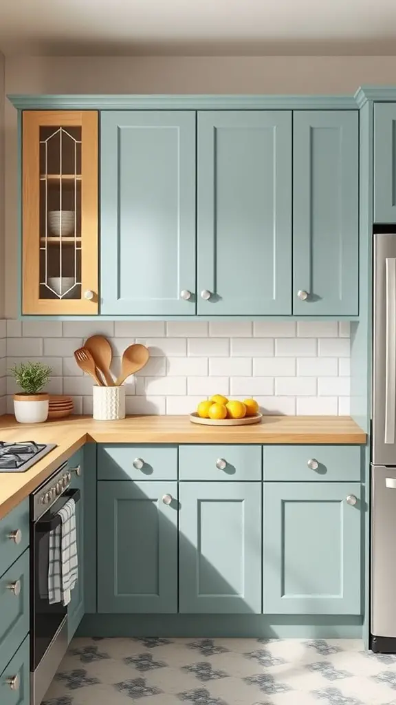 A kitchen with muted teal cabinets and maple wood countertops, featuring a modern design and inviting decor.