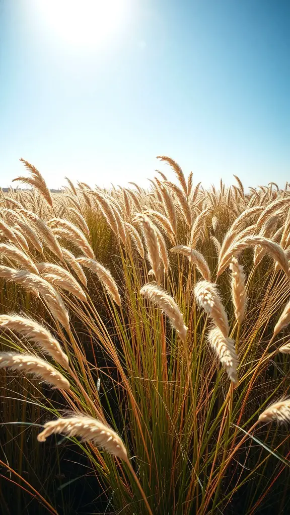 A field of golden native grasses shimmering in the sunlight against a clear blue sky.