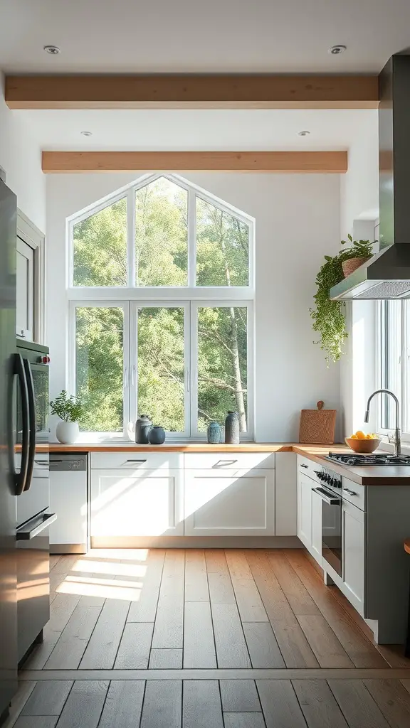 Scandinavian kitchen featuring large windows that let in natural light, wooden flooring, and modern appliances.