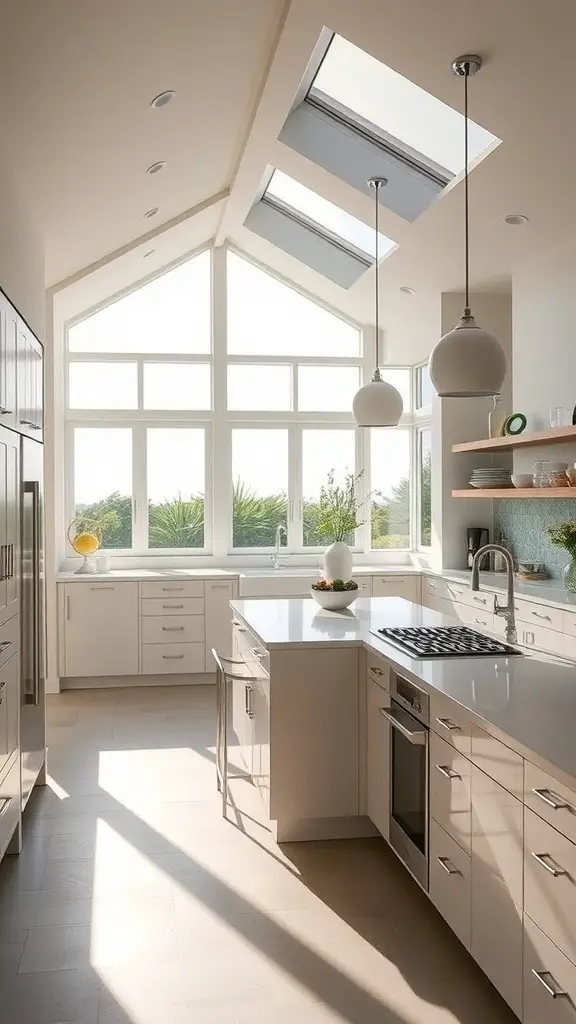 A modern beach house kitchen filled with natural light from large windows and skylights, featuring white cabinetry and a sleek design.