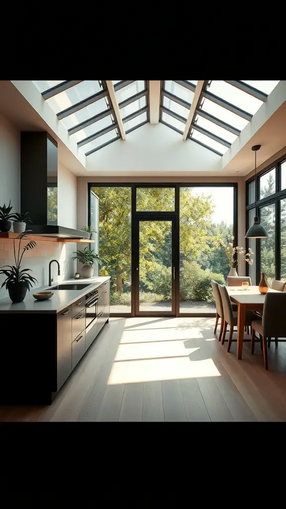 A contemporary kitchen with large windows and skylights allowing natural light to fill the space, featuring sleek cabinetry and a dining area.