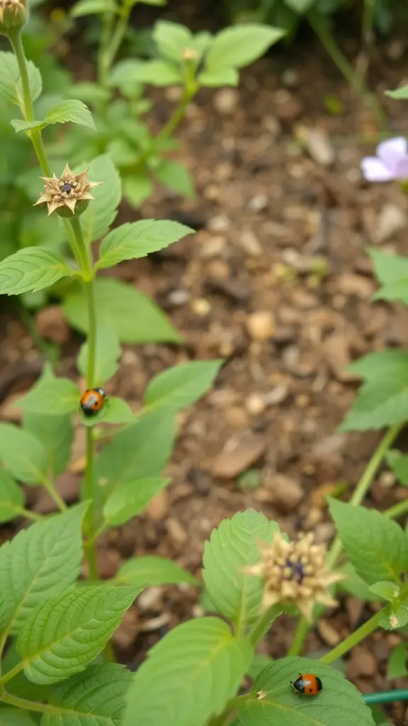 A close-up photo of ladybugs on green leaves in a garden