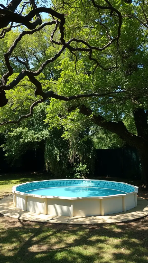 An above ground pool surrounded by lush green trees providing natural shade.