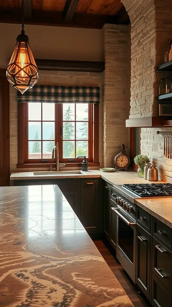 A cozy Scandinavian kitchen featuring natural stone countertops, dark cabinetry, and wooden accents.