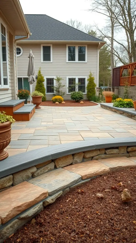 19 Creative Deck Skirting Ideas for Your Outdoor Space 12 A beautiful patio area with natural stone skirting, surrounded by landscaped gardens and a lovely home.