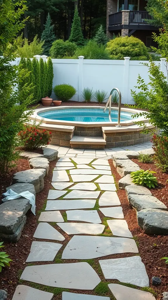 A natural stone pathway leading to an above ground pool, surrounded by lush greenery and colorful plants.