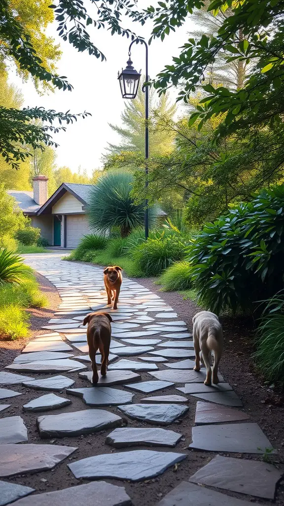 19 Creative Grassless Backyard Ideas for Dogs 16 Dogs walking on a natural stone pathway surrounded by greenery