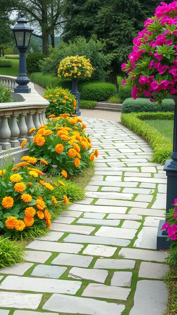 A winding flagstone walkway surrounded by vibrant orange flowers and green grass.