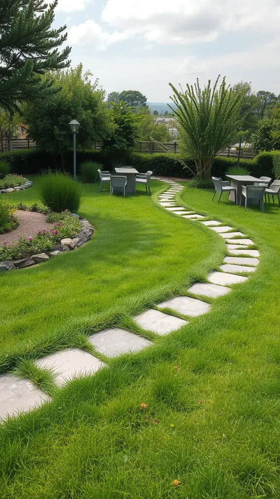 21 Creative Grass Patio Ideas for Your Outdoor Space 10 Natural stone pathway winding through a green grass patio with seating areas and trees