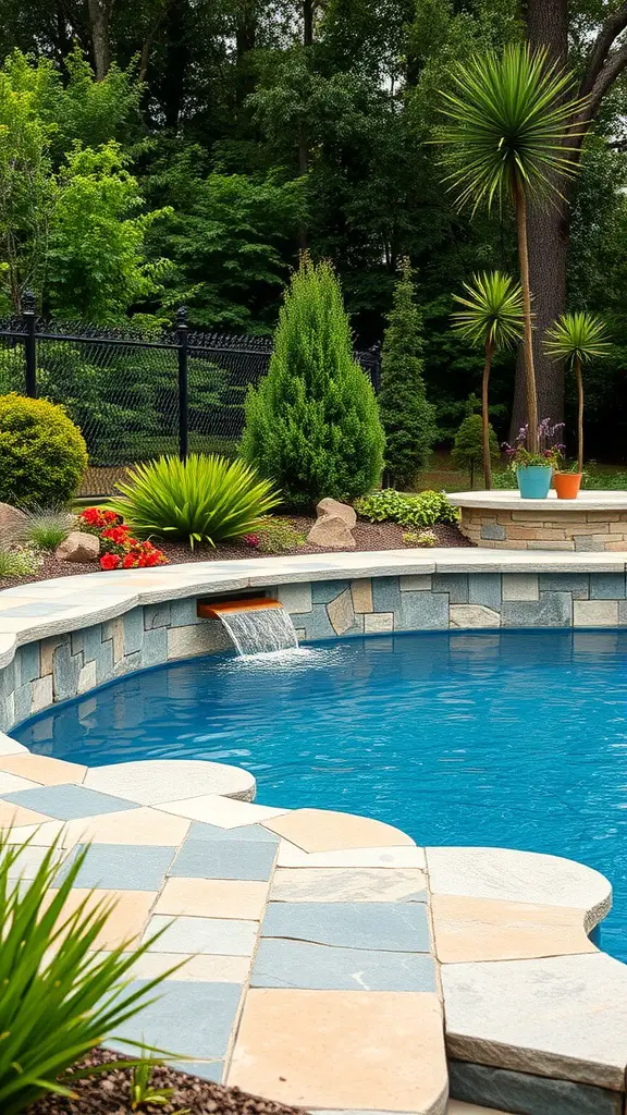 Natural stone patio surrounding a blue above-ground pool with a waterfall feature and vibrant greenery.