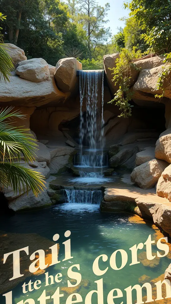 Natural stone pool with a waterfall feature surrounded by greenery