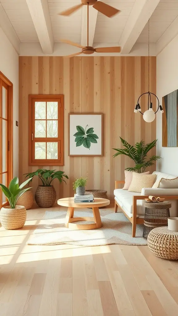 23 Bright and Cheerful Summer Decorations to Enhance Your Home 14 A cozy living room with natural wood accents, featuring a wooden coffee table, plants, and soft furnishings.
