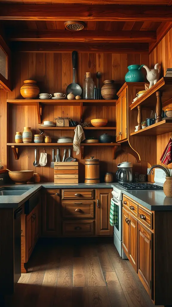 27 Cozy Kitchen Ideas to Warm Up Your Space 2 A warm kitchen featuring natural wood cabinetry, shelves with pottery, and a cozy atmosphere.