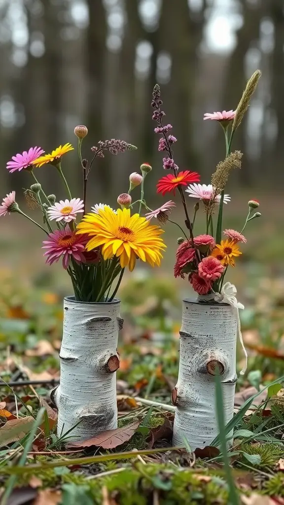 Two nature-inspired birch vases filled with colorful flowers, set in a natural outdoor setting