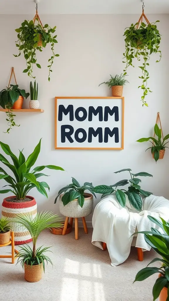 A cozy mother’s room featuring various indoor plants, a soft throw, and a framed sign that reads 'MOMM ROMM'.